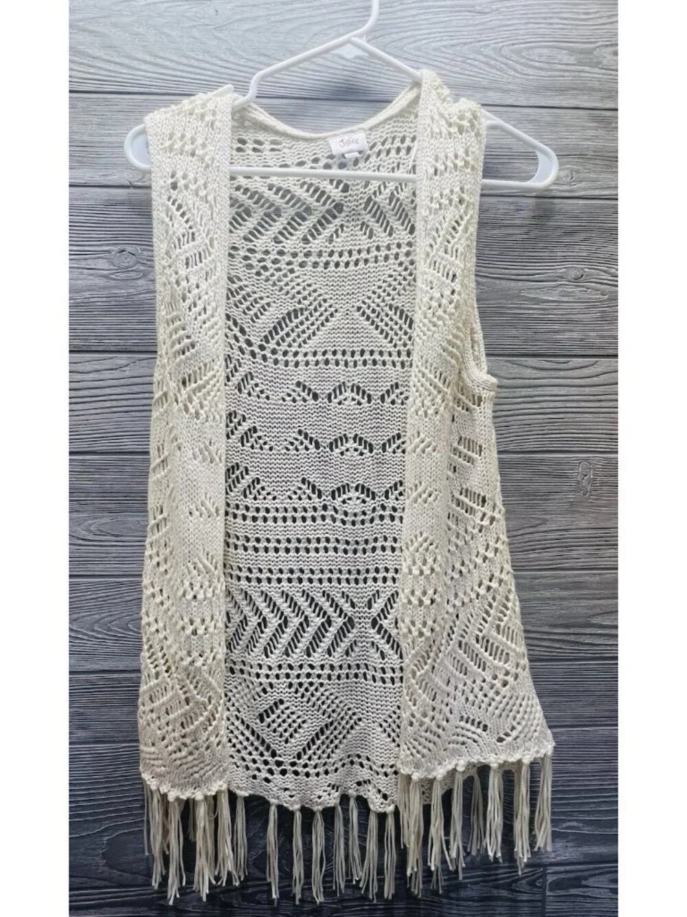 Justice Cream Vest Cardigan Girls Open Front Loose Knit Boho Fringe Size 18
